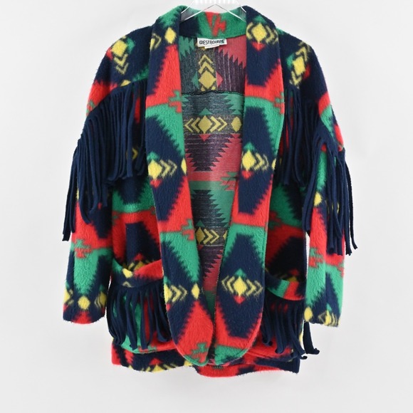 Westbound Jackets & Blazers - Vtg WESTBOURNE Jacket Womens Size‎ XXL Southwestern Print Fleece Fringe Coatigan